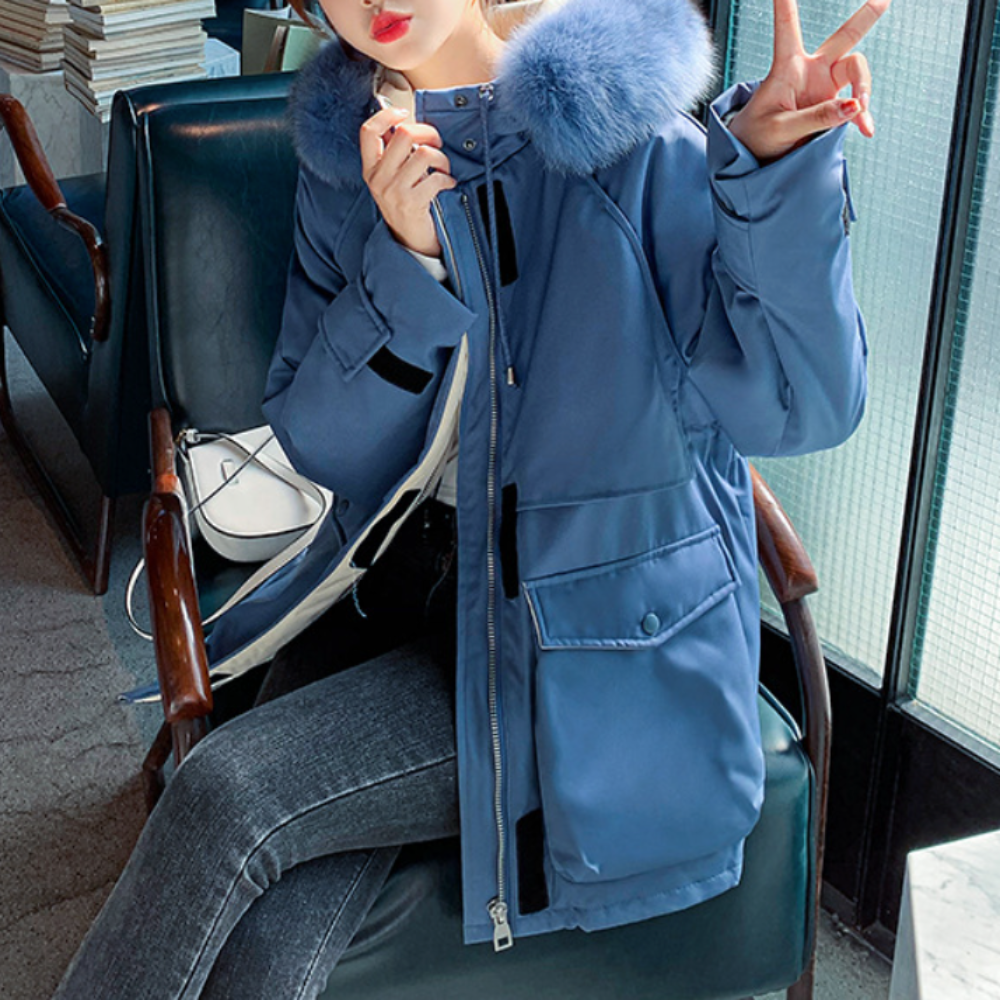 Mid-Length Women's Coat with Zipper and Faux Fur Hood