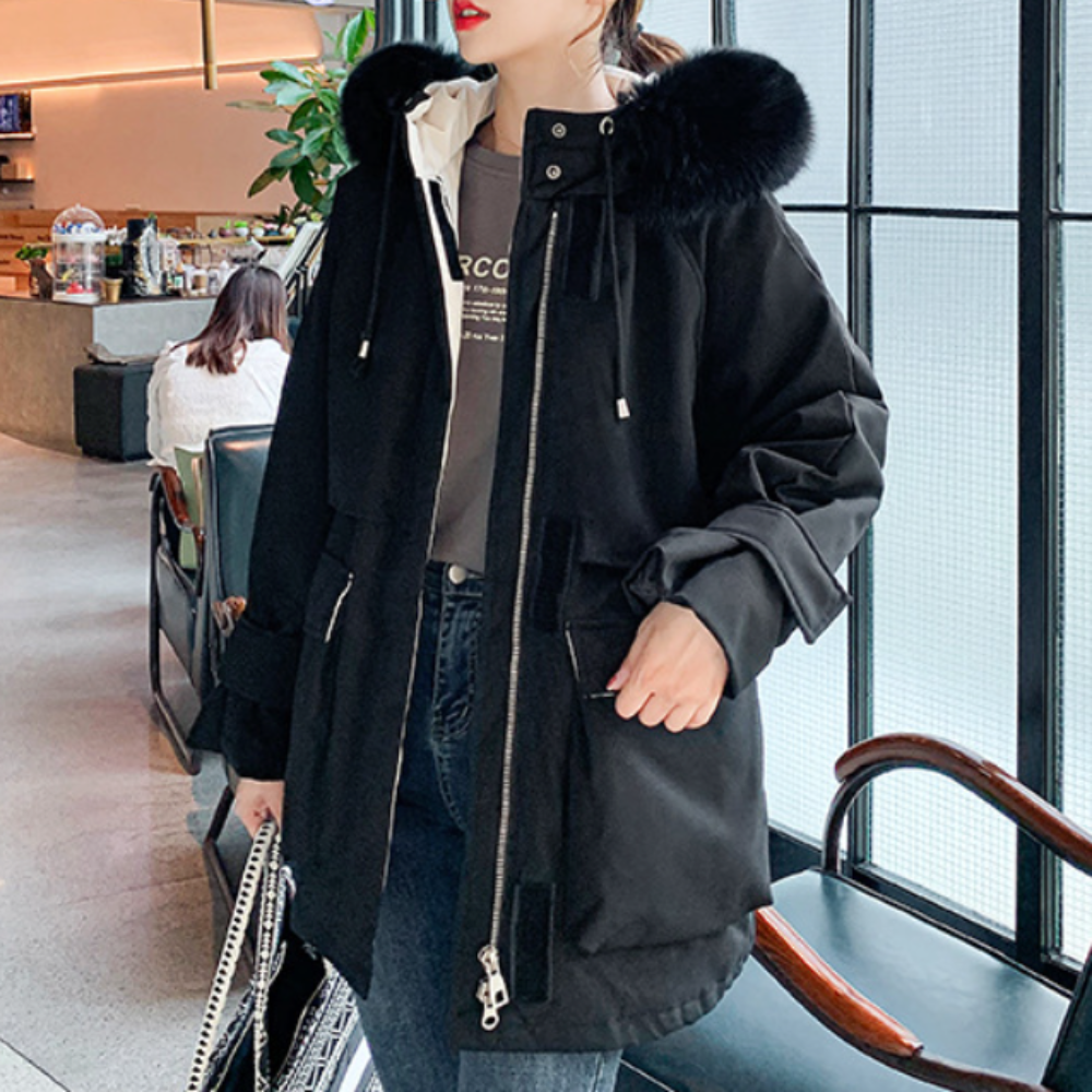 Mid-Length Women's Coat with Zipper and Faux Fur Hood