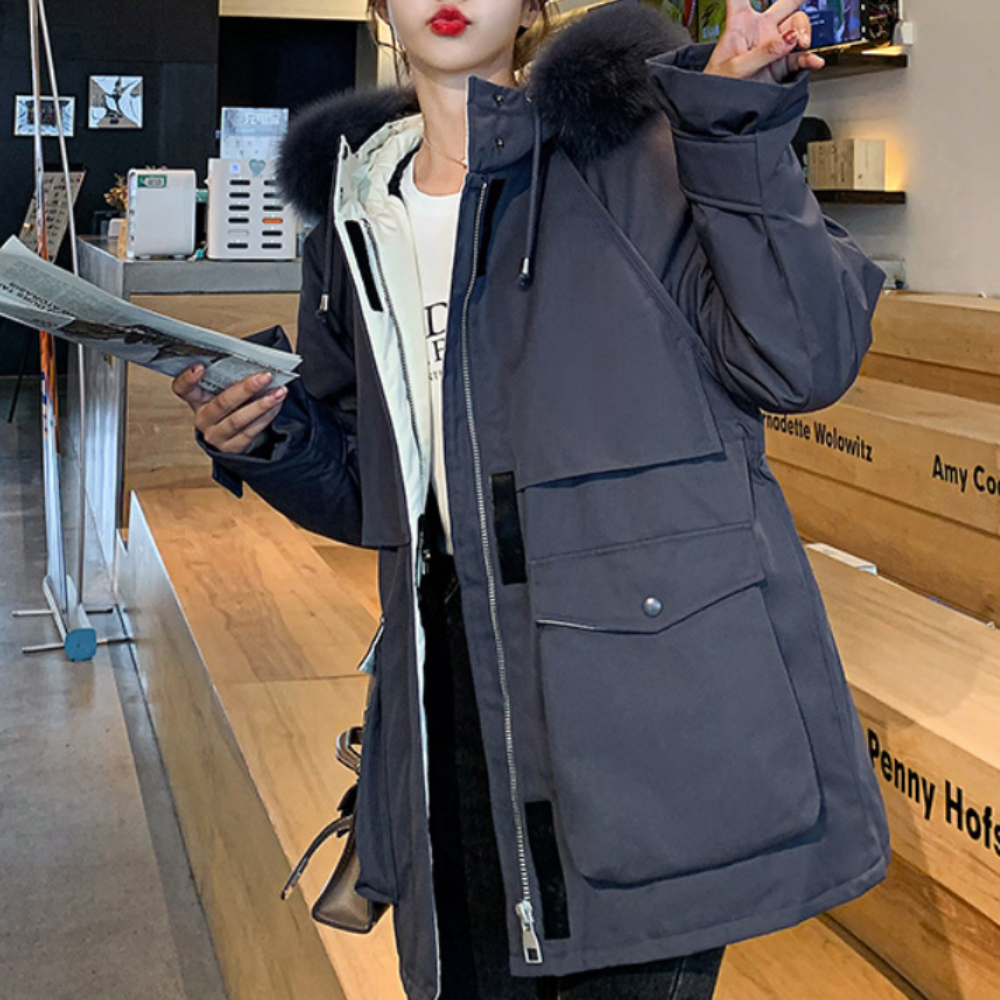 Mid-Length Women's Coat with Zipper and Faux Fur Hood