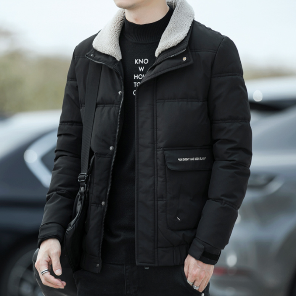 Faux Fur Collared Zip-Up Jacket for Men - Ensuring Warmth and Style