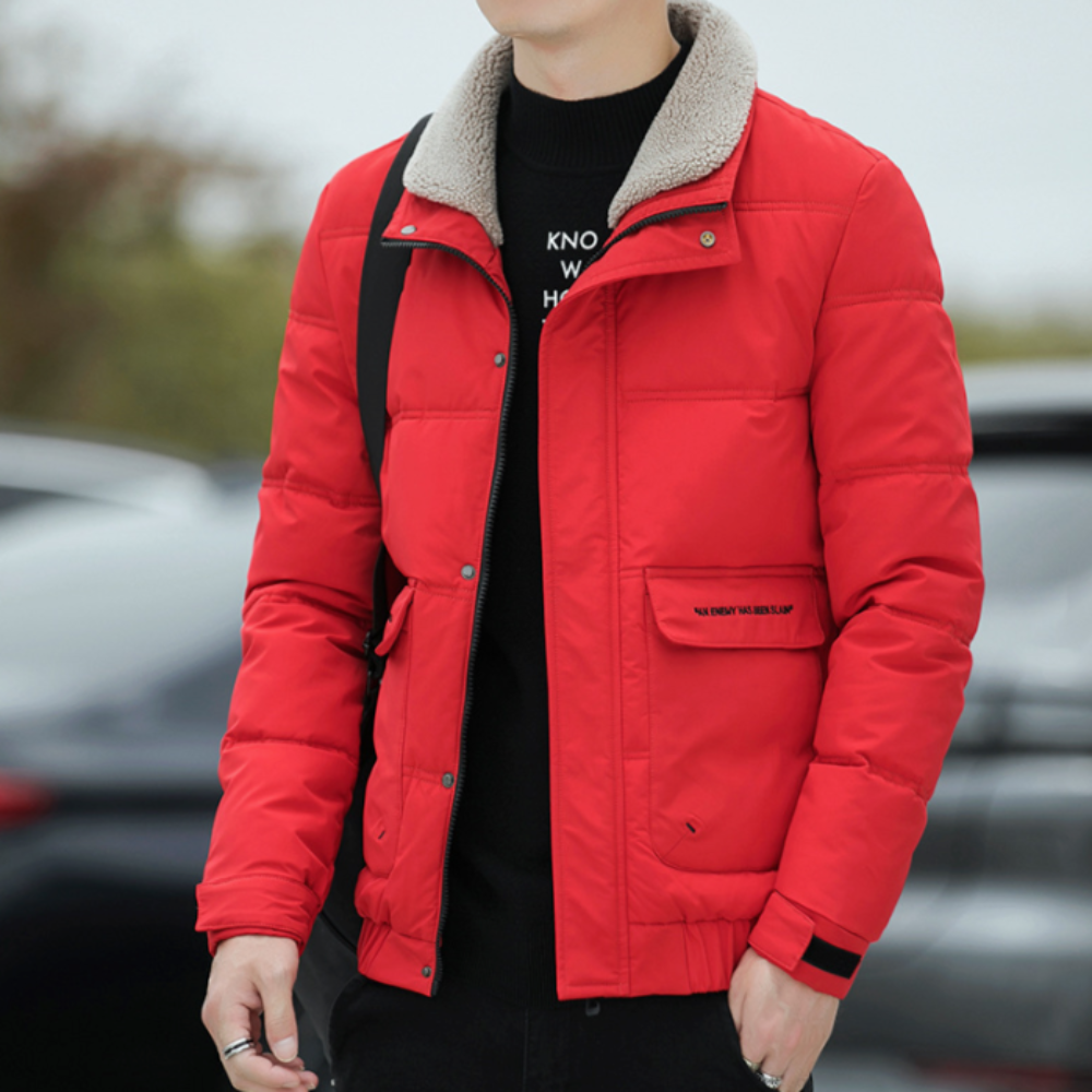 Faux Fur Collared Zip-Up Jacket for Men - Ensuring Warmth and Style