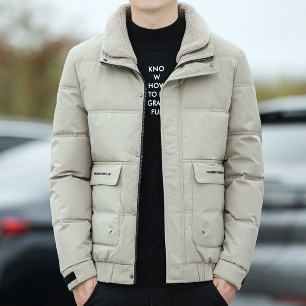 Faux Fur Collared Zip-Up Jacket for Men - Ensuring Warmth and Style