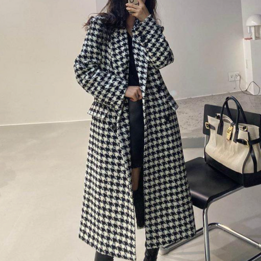 Long Coat for Women with Houndstooth Design