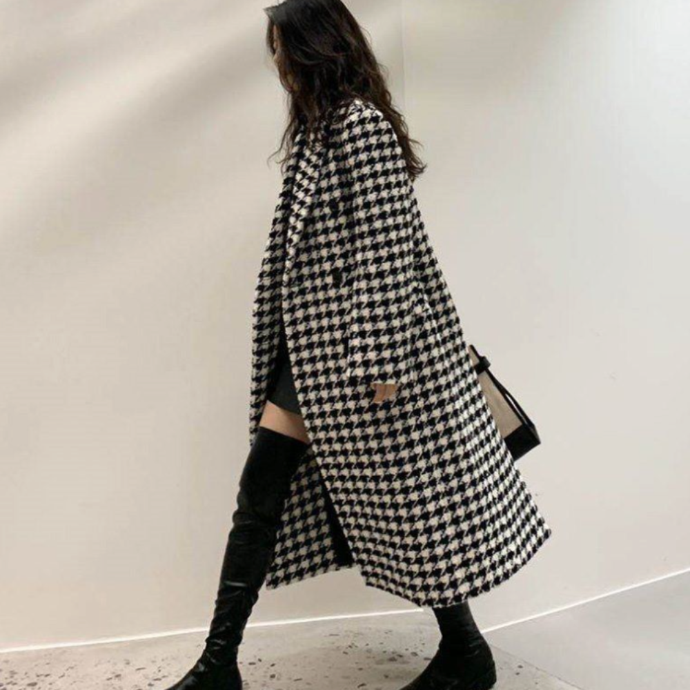Long Coat for Women with Houndstooth Design
