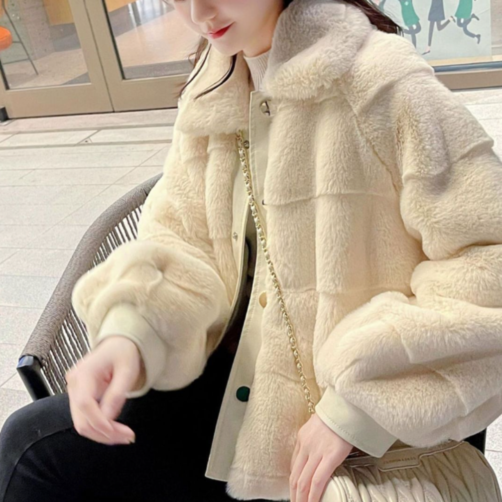 Faux Fur Jacket for Women with Trimmed Cuffs in Vegan Leather