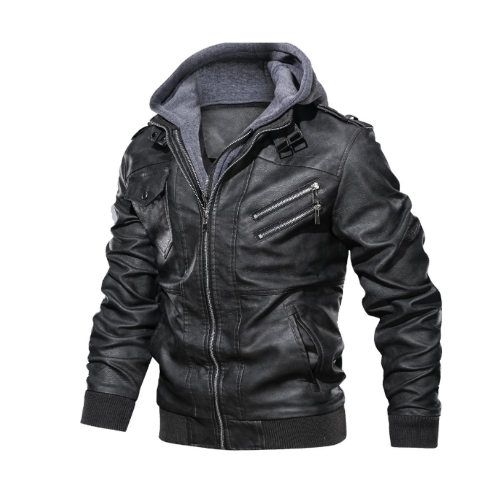 Faux Leather Biker Hooded Jacket for Men