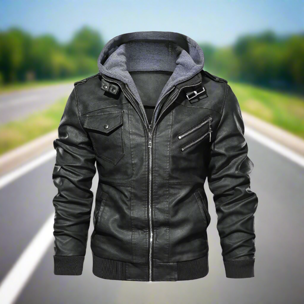 Faux Leather Biker Hooded Jacket for Men