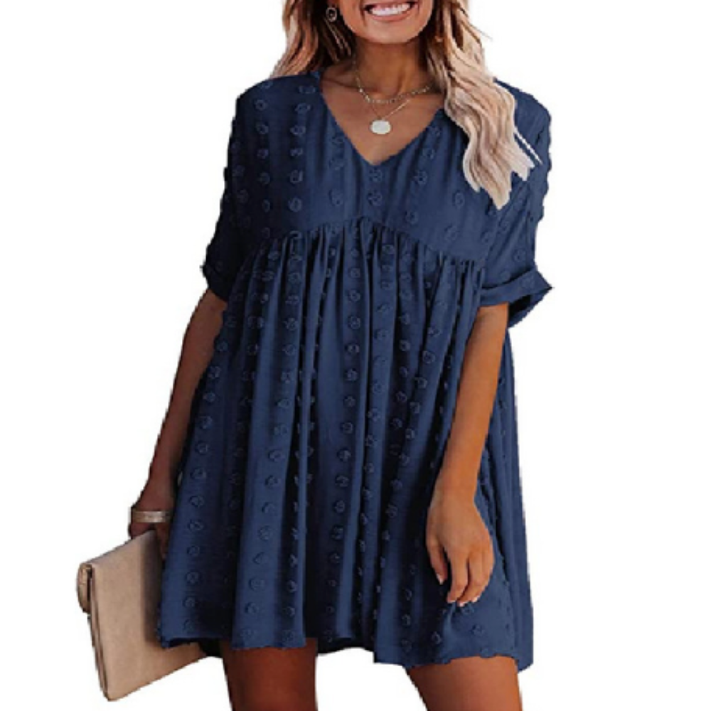 Flowy Short-Sleeved Dress for Women with a V-Neckline