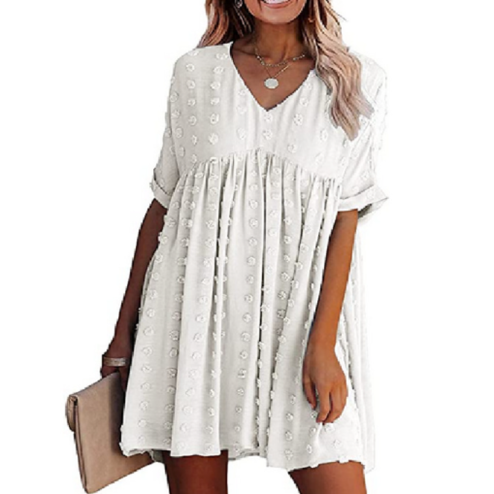 Flowy Short-Sleeved Dress for Women with a V-Neckline