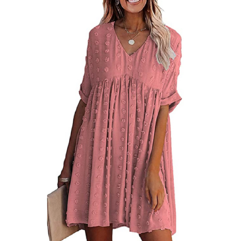 Flowy Short-Sleeved Dress for Women with a V-Neckline