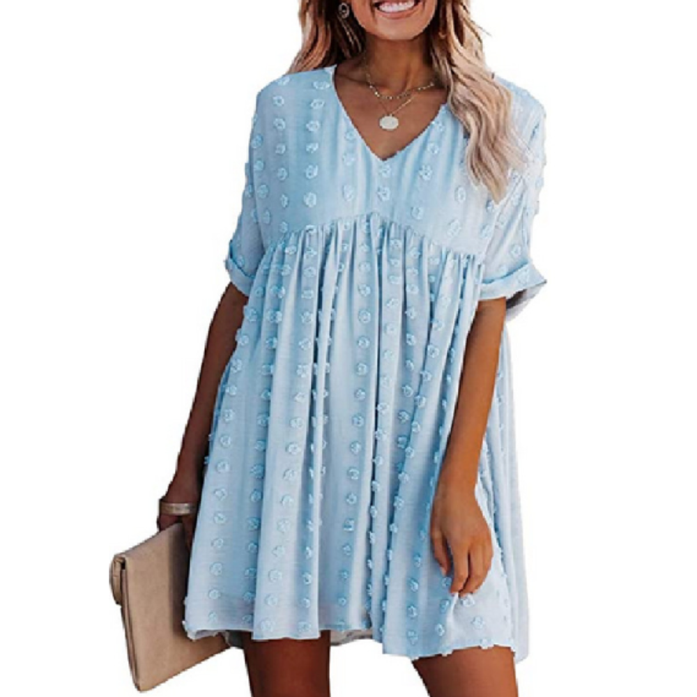 Flowy Short-Sleeved Dress for Women with a V-Neckline