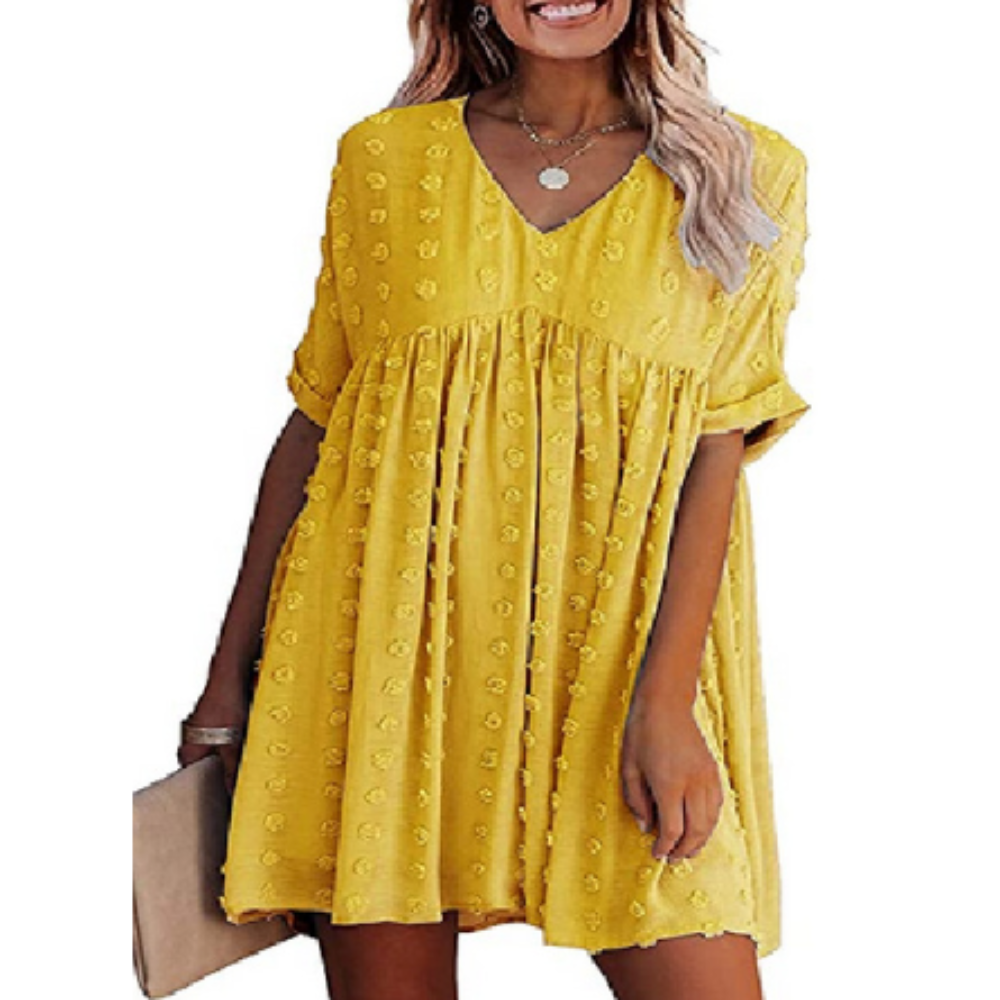 Flowy Short-Sleeved Dress for Women with a V-Neckline