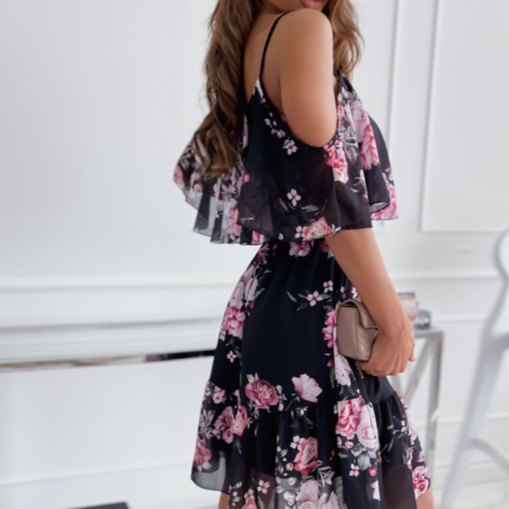 Chiffon Beach Dress with Ruffled Cold Shoulder for Women