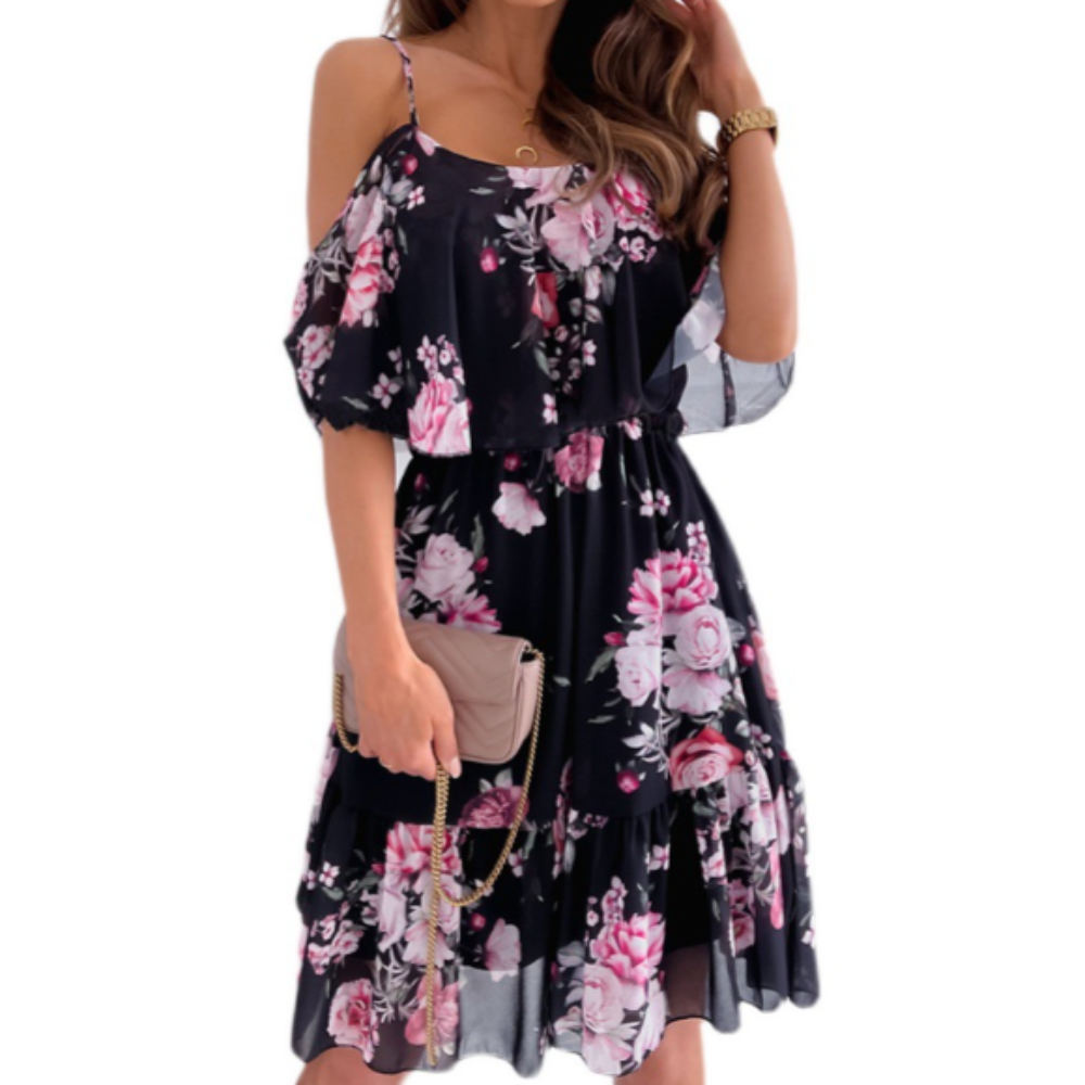Chiffon Beach Dress with Ruffled Cold Shoulder for Women