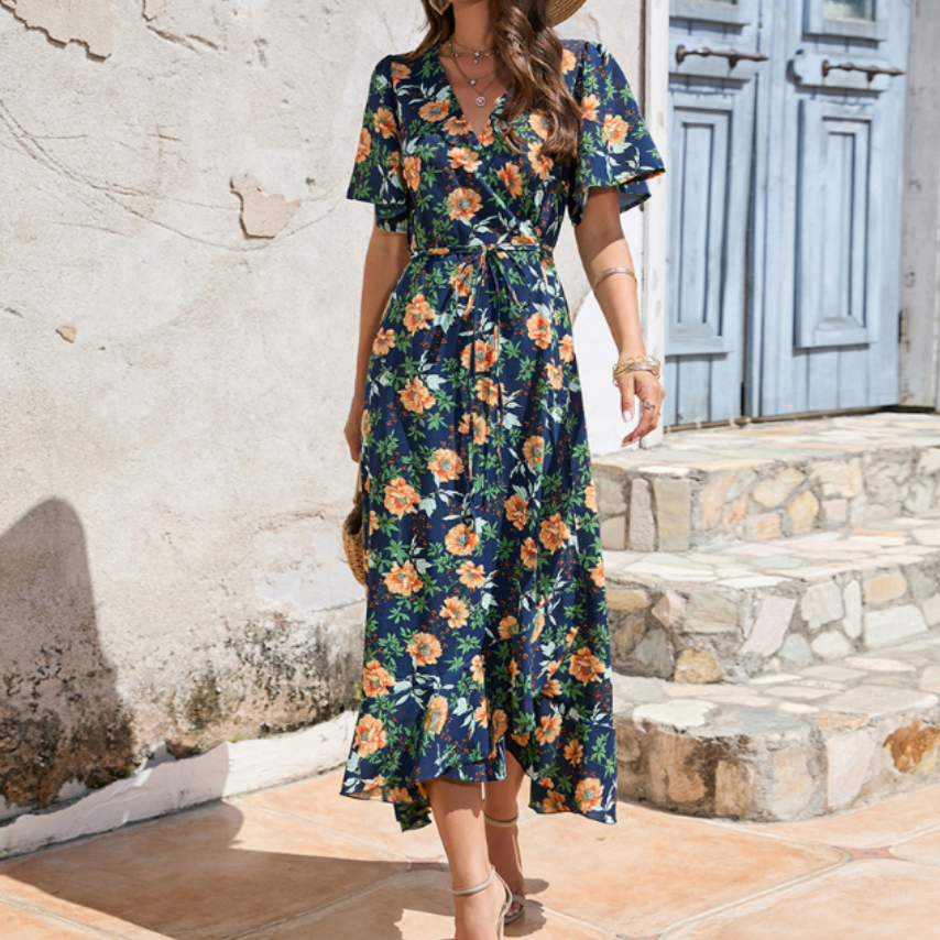Floral Ruffle Wrap Dress for Women's Summer Fashion