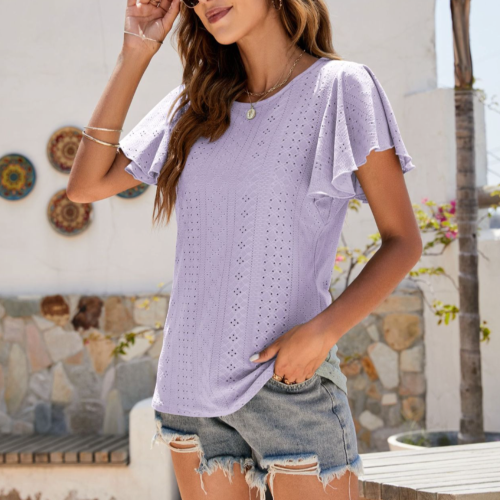 Ruffled Round Neck Top for Women with Cap Sleeves