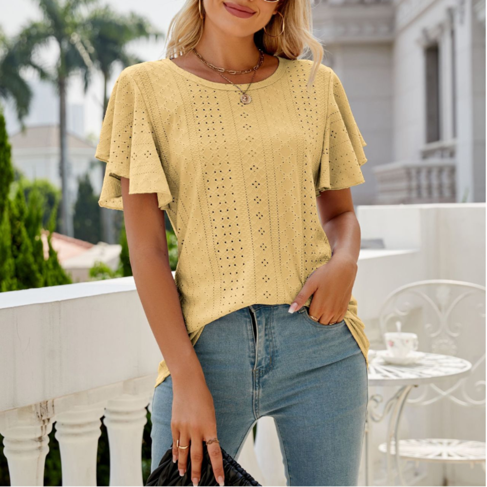 Ruffled Round Neck Top for Women with Cap Sleeves