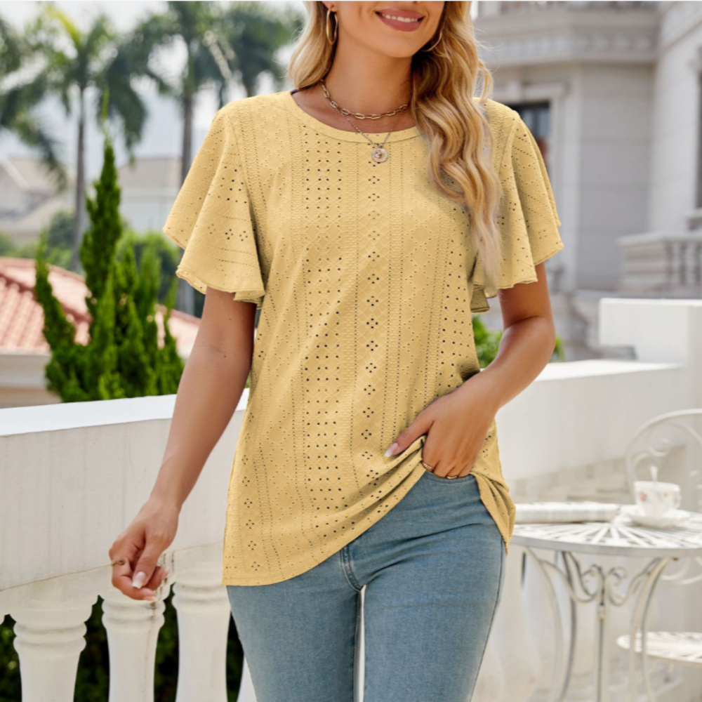 Ruffled Round Neck Top for Women with Cap Sleeves