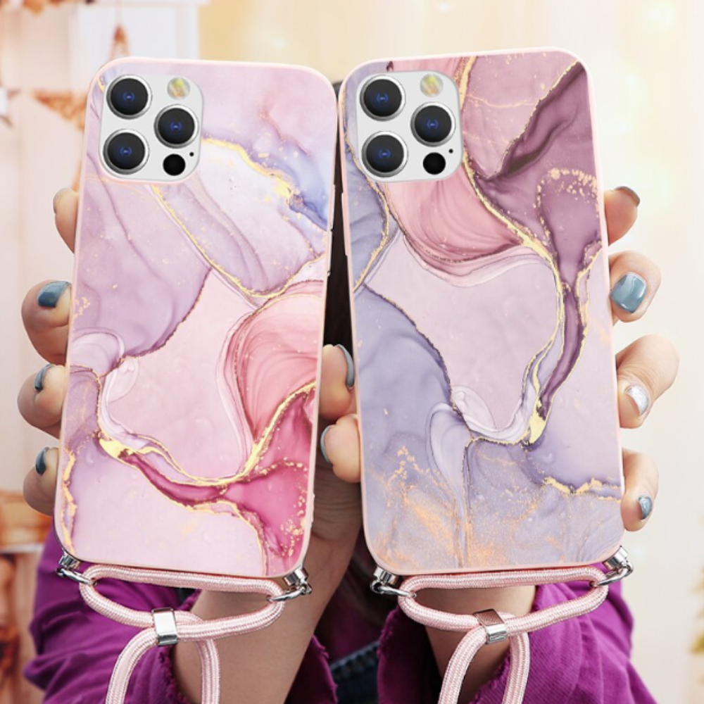 Crossbody Strap Marble Phone Case for iPhone with Painted Design
