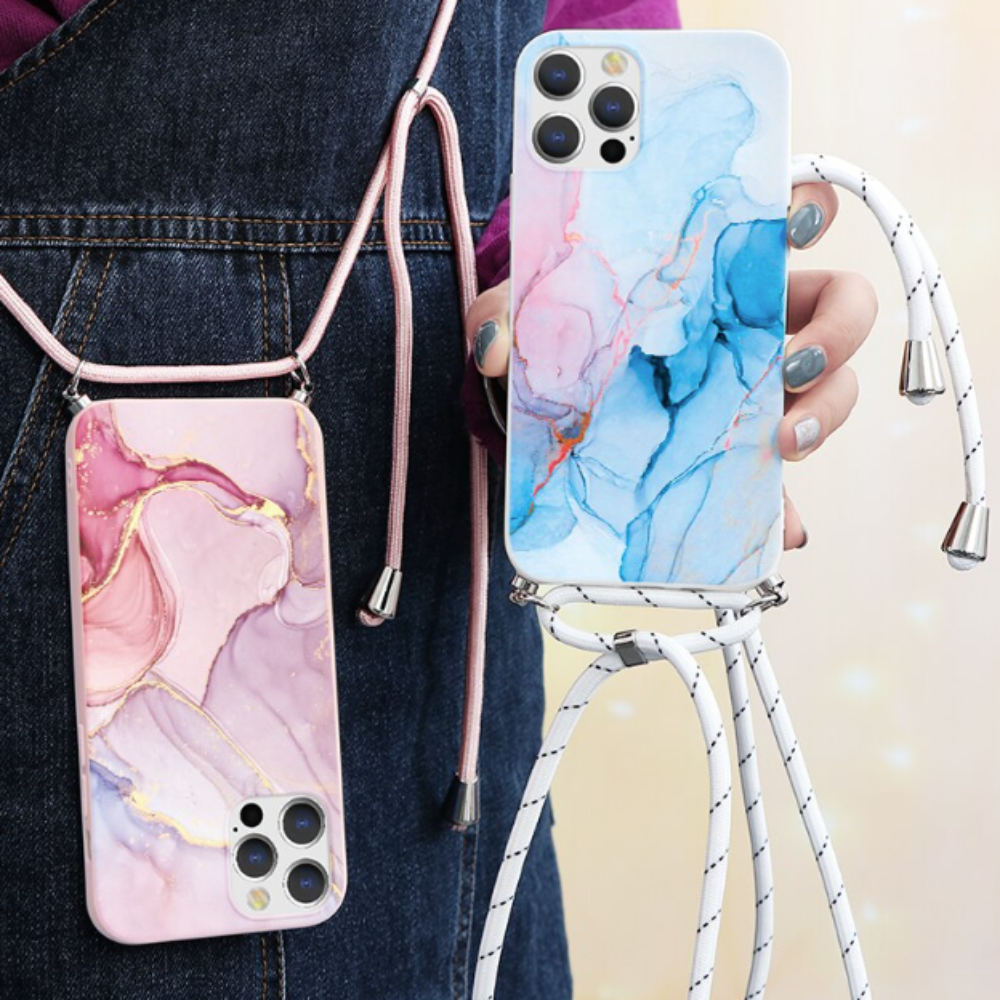 Crossbody Strap Marble Phone Case for iPhone with Painted Design