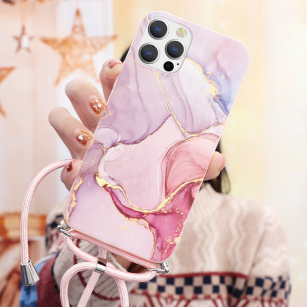 Crossbody Strap Marble Phone Case for iPhone with Painted Design