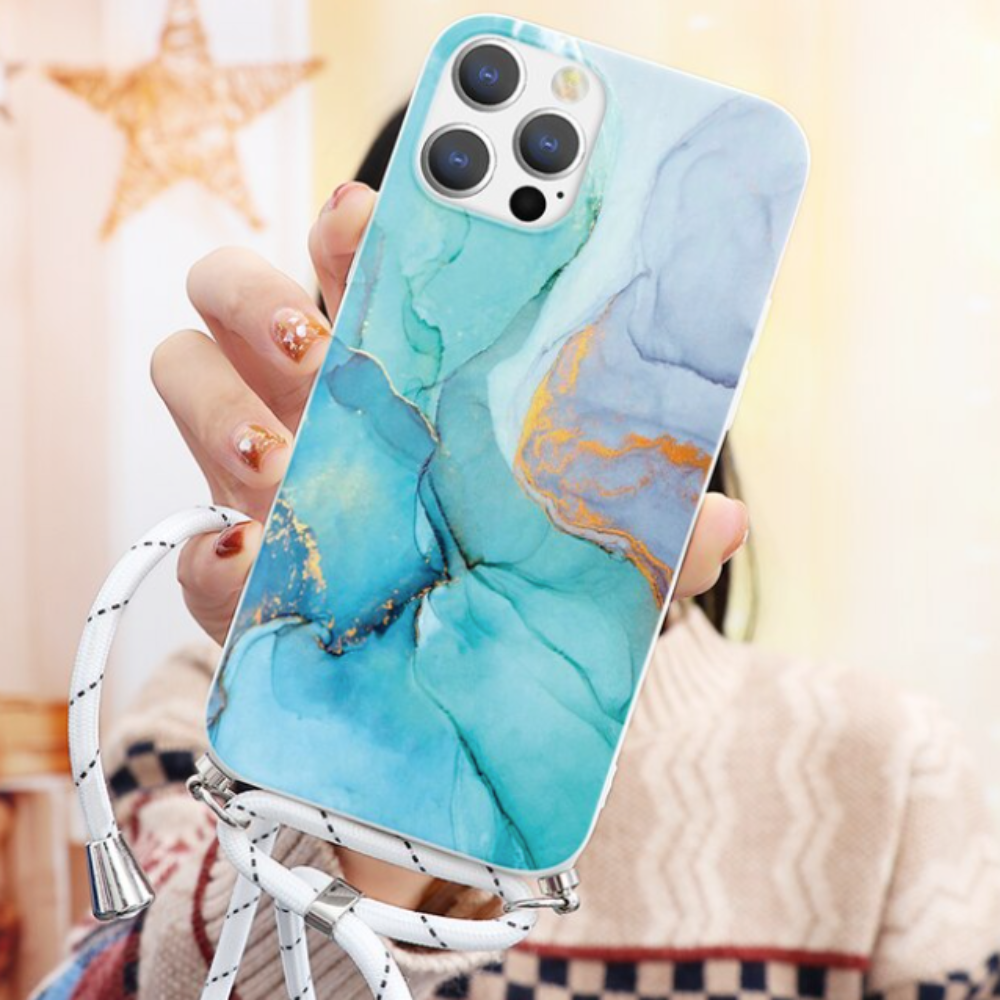 Crossbody Strap Marble Phone Case for iPhone with Painted Design
