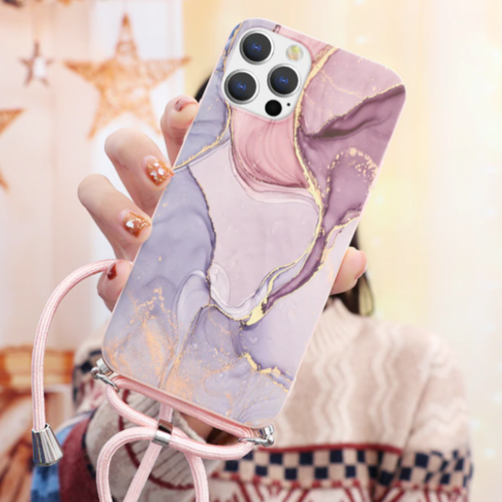 Crossbody Strap Marble Phone Case for iPhone with Painted Design