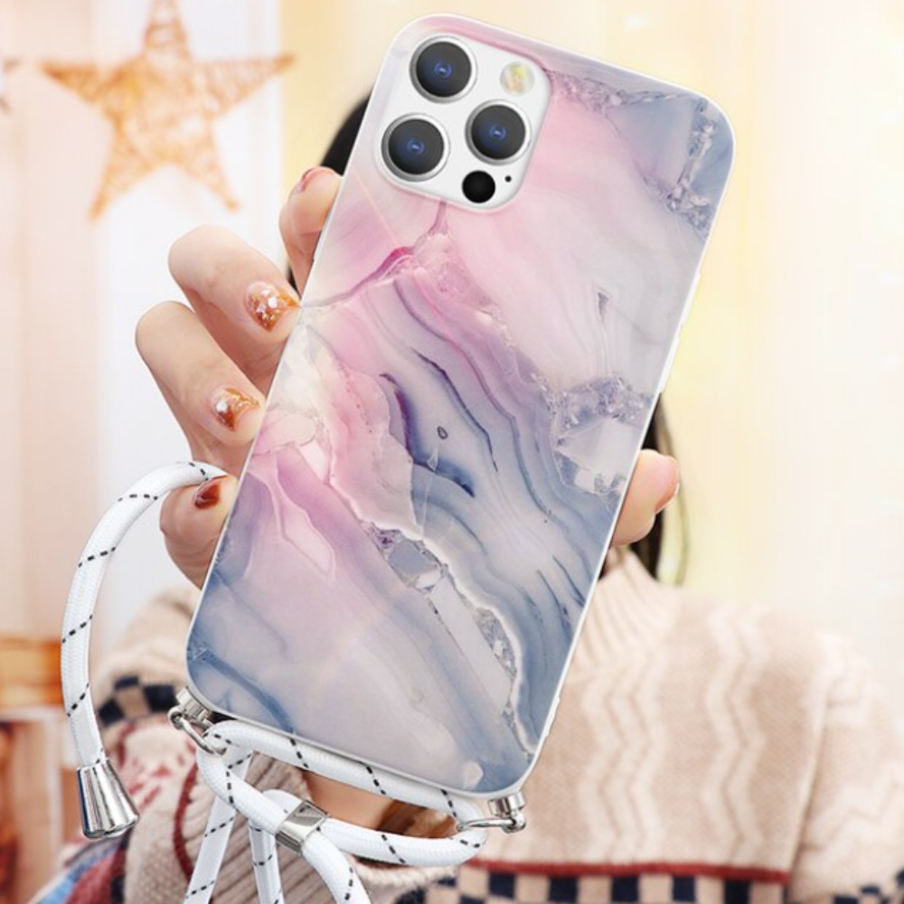 Crossbody Strap Marble Phone Case for iPhone with Painted Design