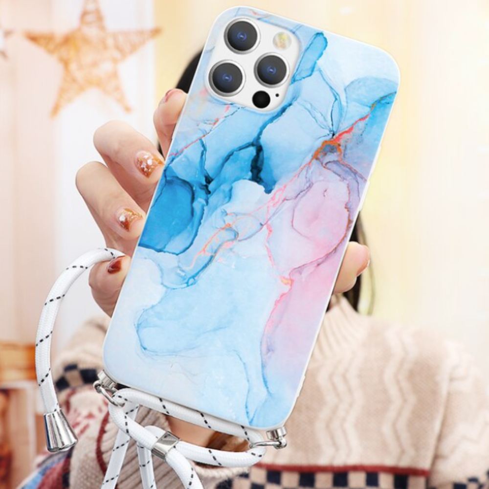 Crossbody Strap Marble Phone Case for iPhone with Painted Design
