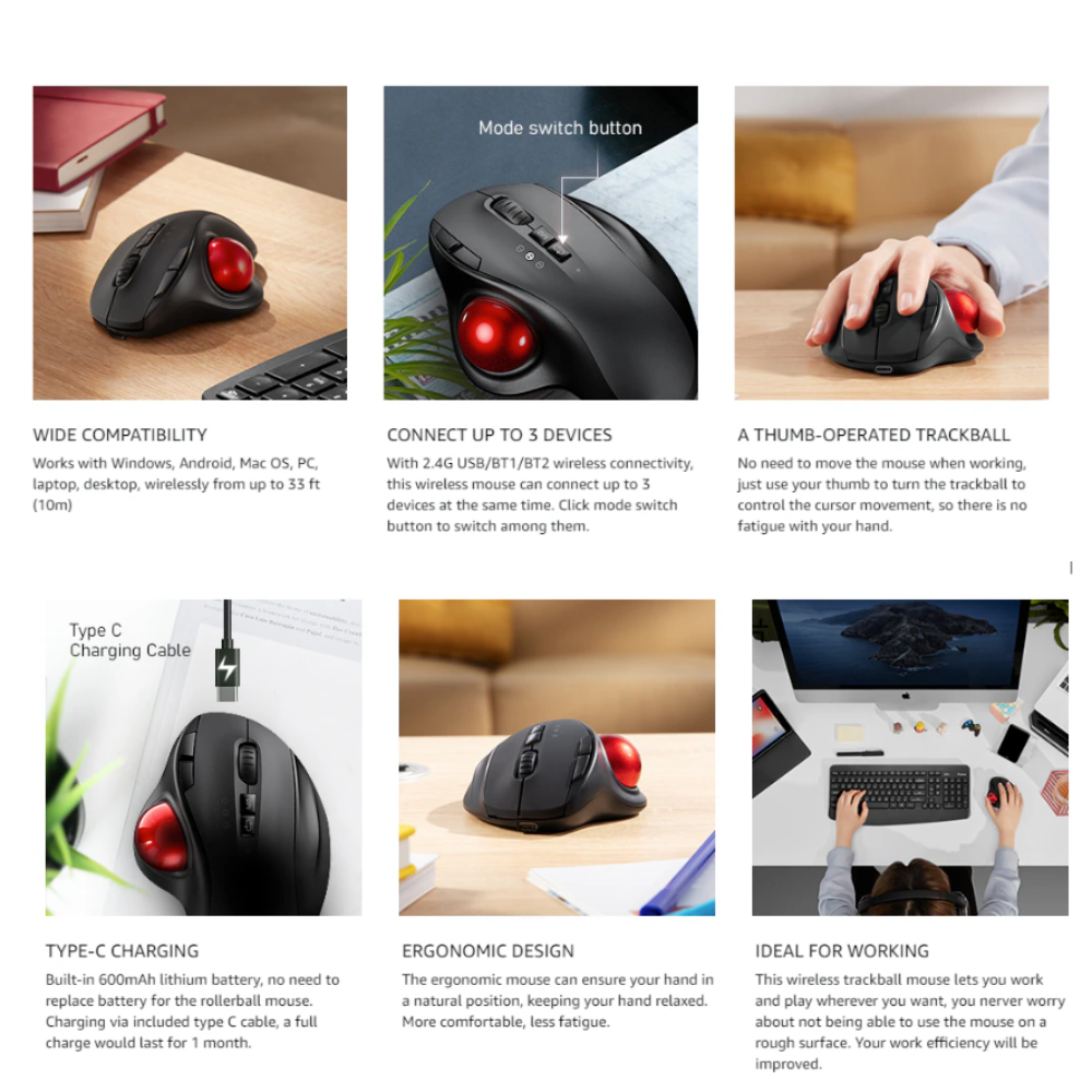 Dragon Wireless Trackball Mouse with 2.4Ghz and Bluetooth Connectivity