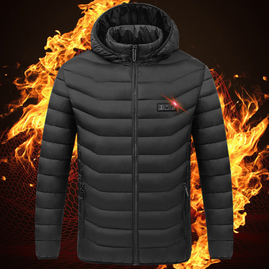 Winter Coat with Detachable Hood and USB-Powered Heating Element for Wind Resistance