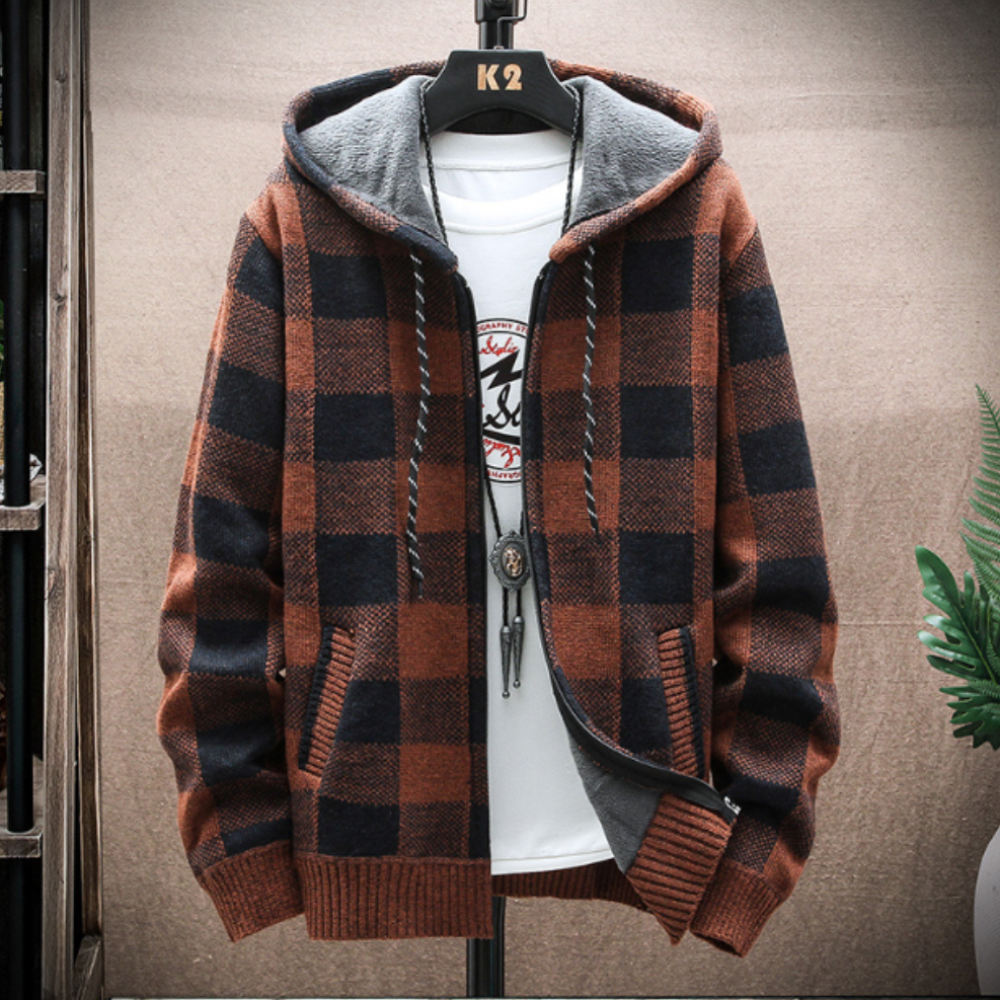 Plaid Zip-Up Jacket for Men with a Hood