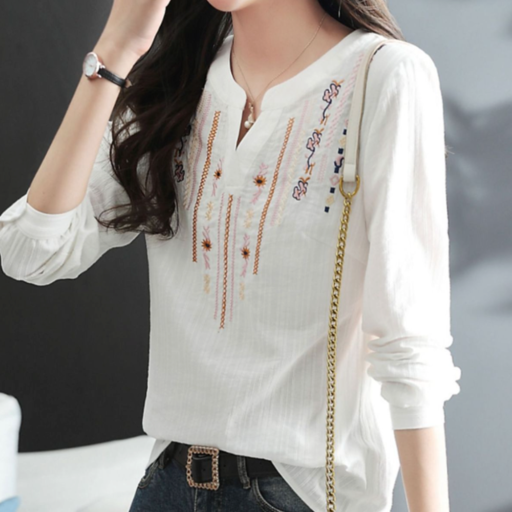 Embroidered Quarter Sleeve Women's V-neck Blouse