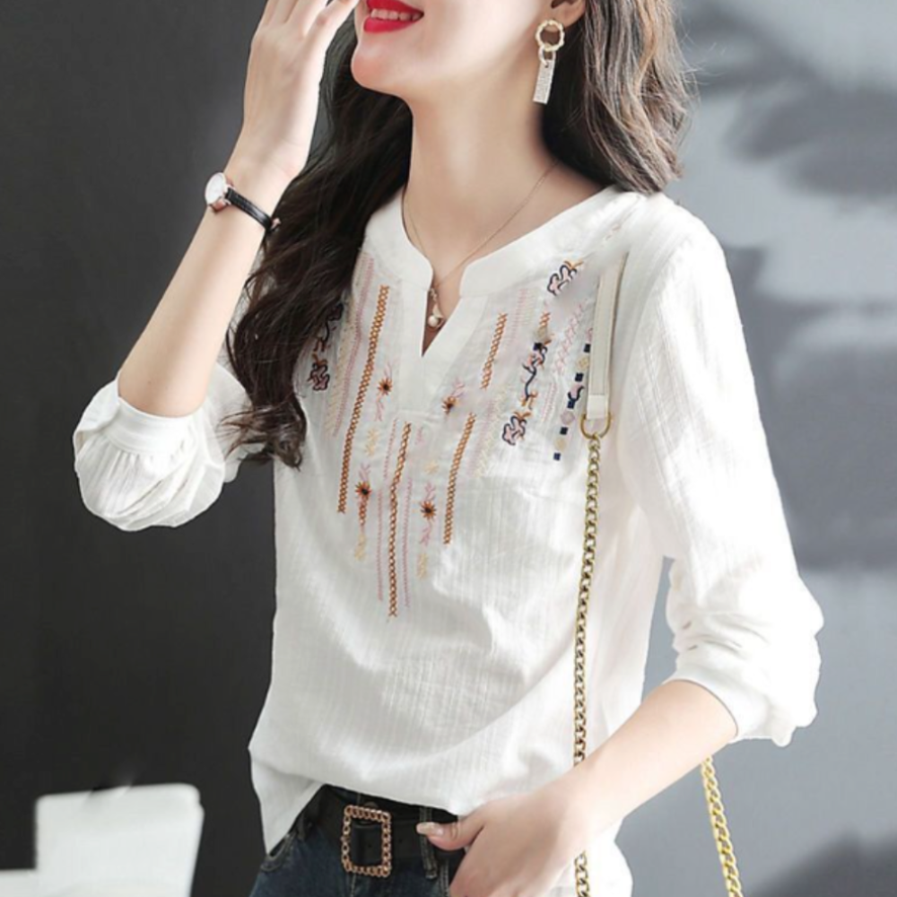 Embroidered Quarter Sleeve Women's V-neck Blouse