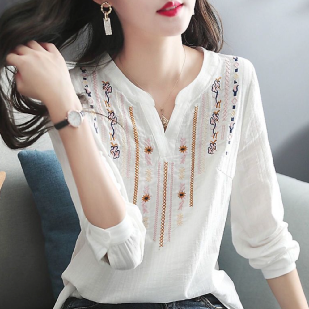 Embroidered Quarter Sleeve Women's V-neck Blouse