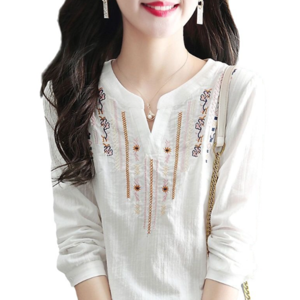 Embroidered Quarter Sleeve Women's V-neck Blouse