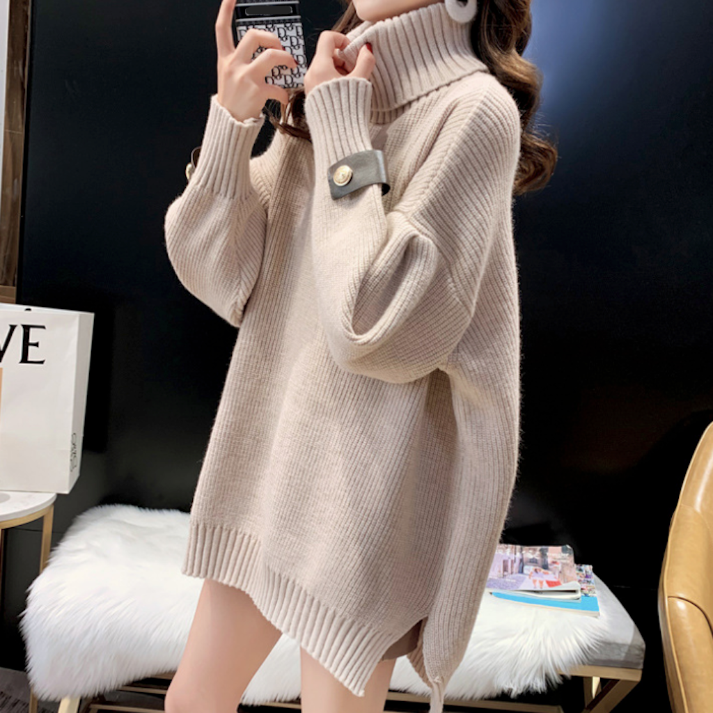 Black Turtleneck Sweater for Women with Unique Embellishments