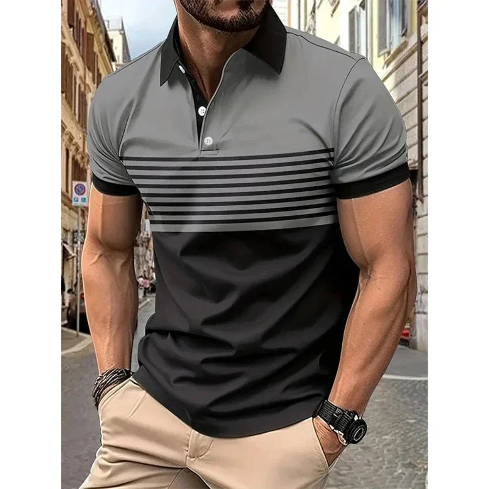 Short Sleeve Casual Polo Shirt with Striped Print for Men