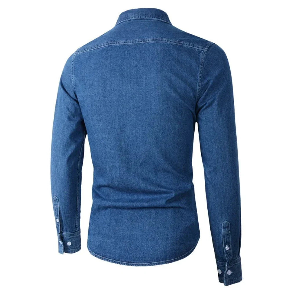 Long Sleeve Denim Shirt with Single Pocket for Men