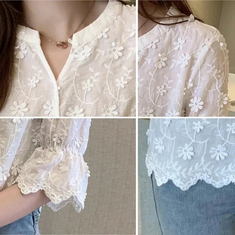 Summer Lace Blouse with Embroidered Floral Design for Women
