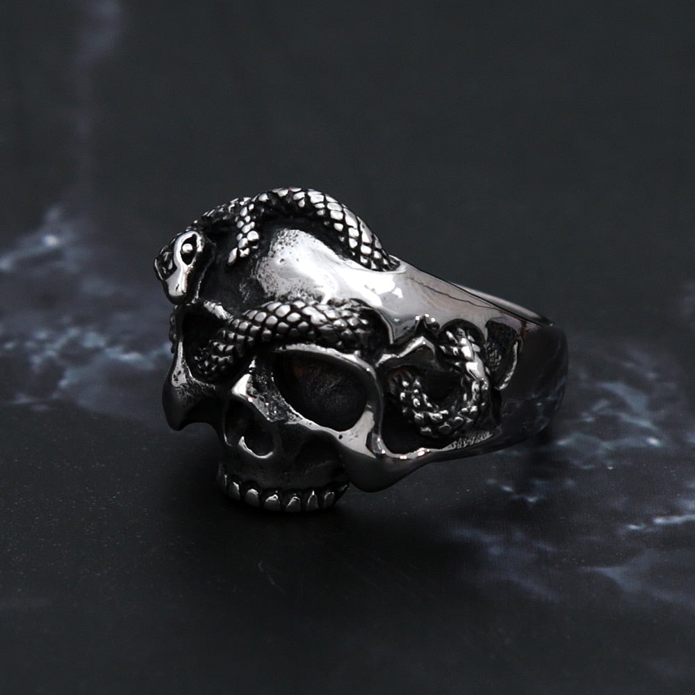 Snake-Embellished Skull Ring