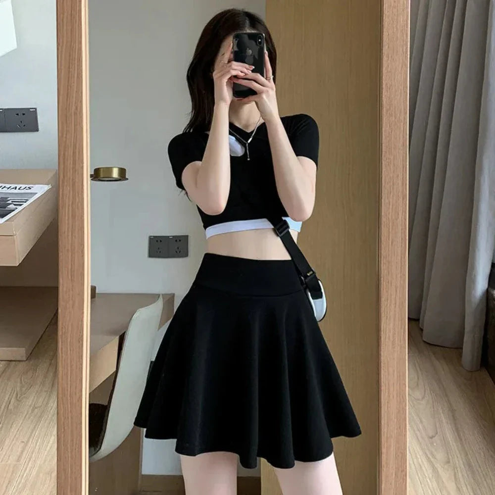 Elastic Skater Mini Skirt with High Waist