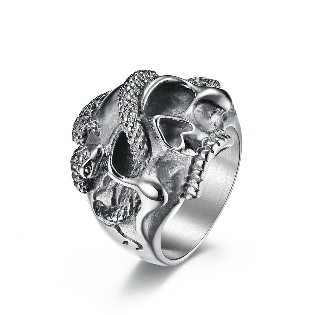 Snake-Embellished Skull Ring