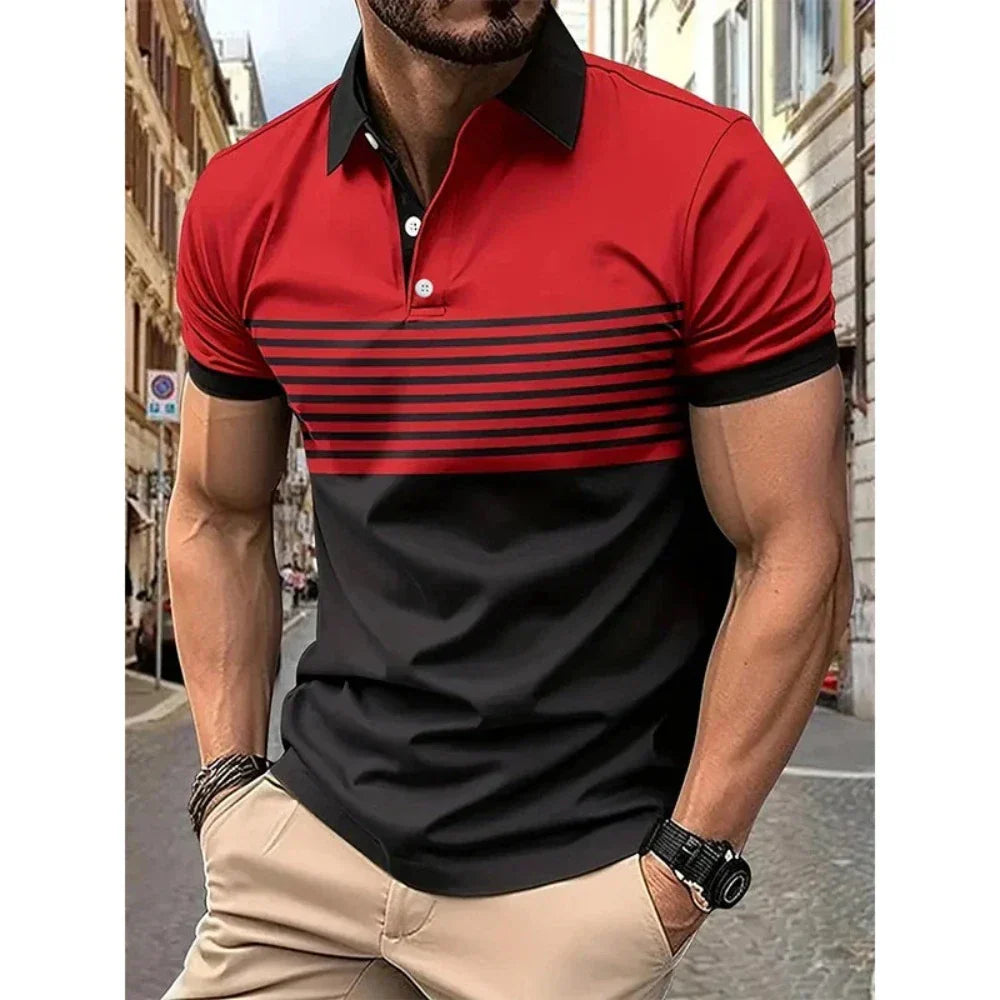 Short Sleeve Casual Polo Shirt with Striped Print for Men