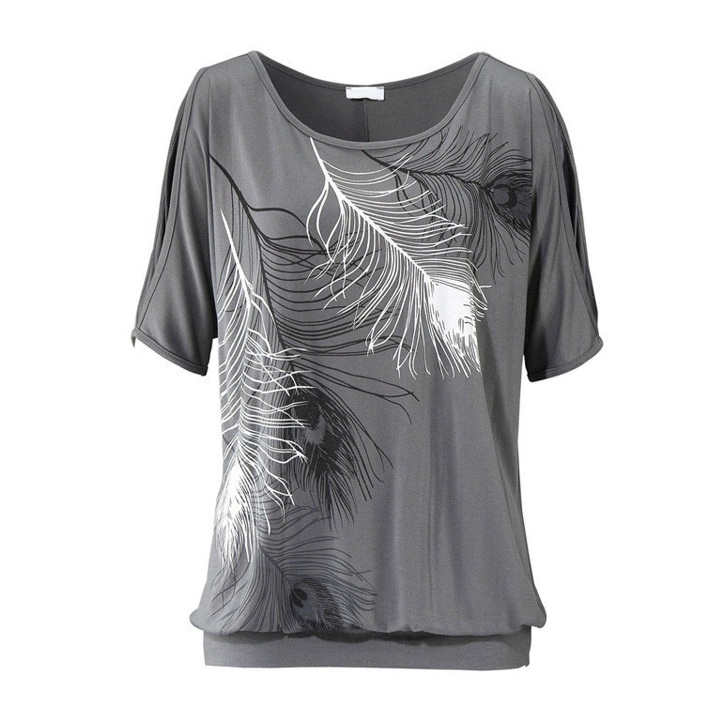 Casual T-Shirt with Feather Print - Women's Off-Shoulder Style