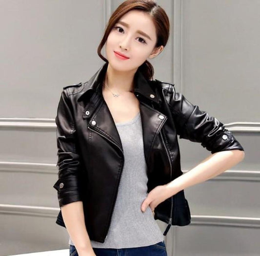 Slim-Fit Faux Leather Biker Jacket with Front Zipper for Women