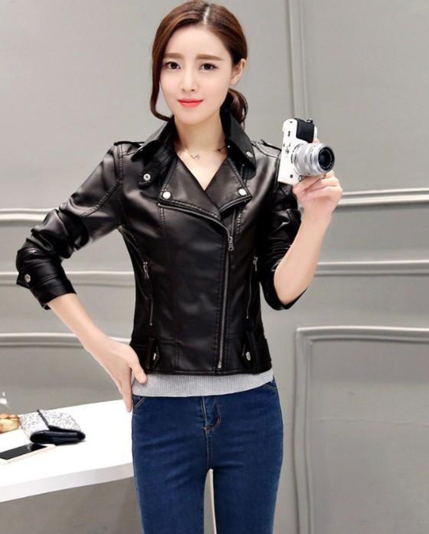 Slim-Fit Faux Leather Biker Jacket with Front Zipper for Women