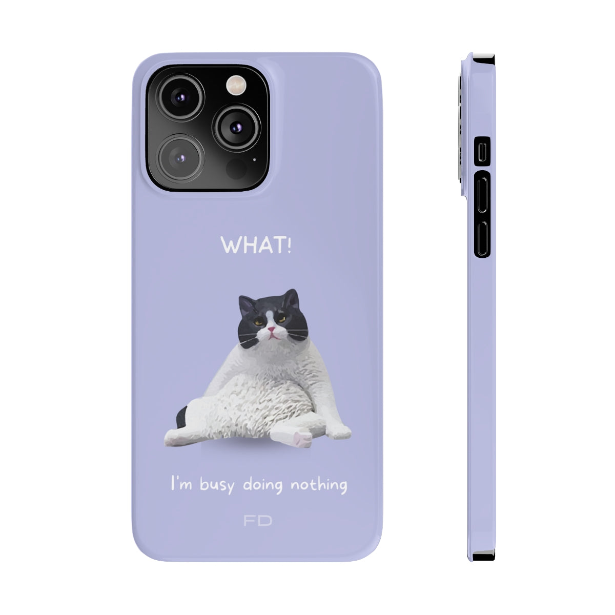 Humorous Feline Design Lavender Sleek Case for iPhone 14, 14 PRO, and 14 PRO MAX