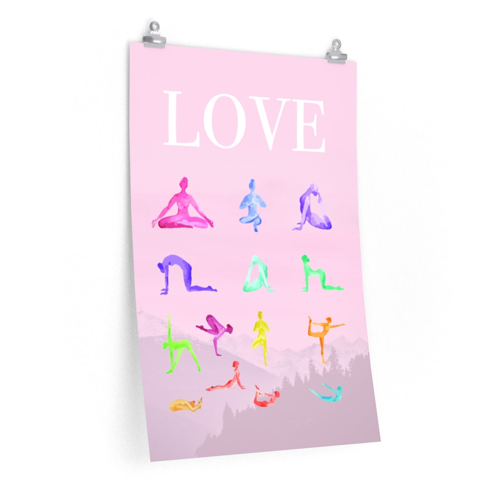 Premium Matte Poster Featuring 14 Yoga Poses for a Mindful Practice of Love