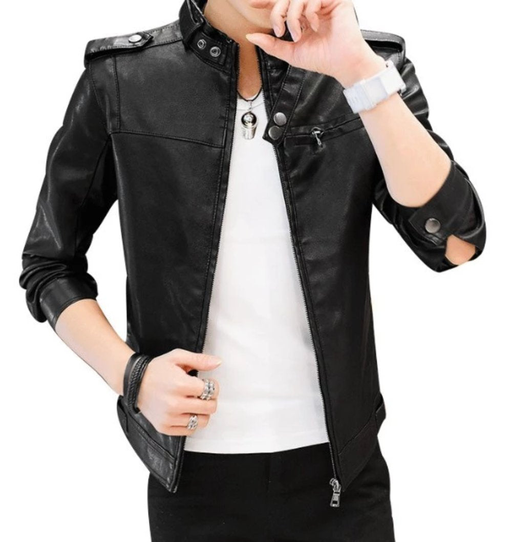 Faux Leather Motorcycle Jacket with Stand Collar for Men